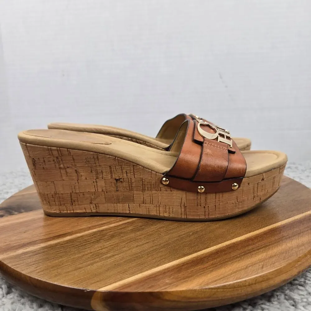 Coach Womens 8.5B Jen Brown Open Toe Cork Wedge Platform Y2K Casual Sandal A8378